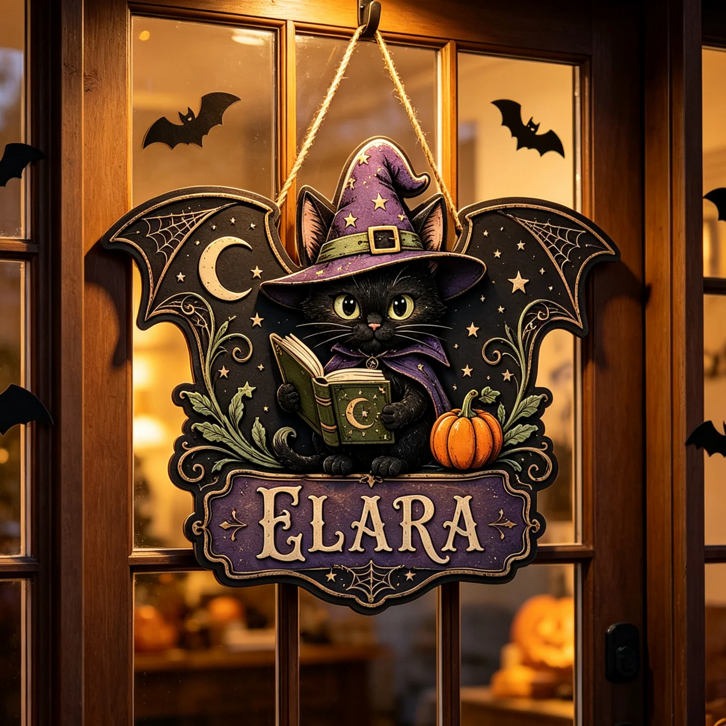 Personalized Witch Cat Halloween Wooden Door Hanger Sign