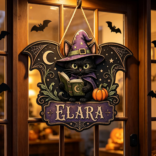 Personalized Witch Cat Halloween Wooden Door Hanger Sign