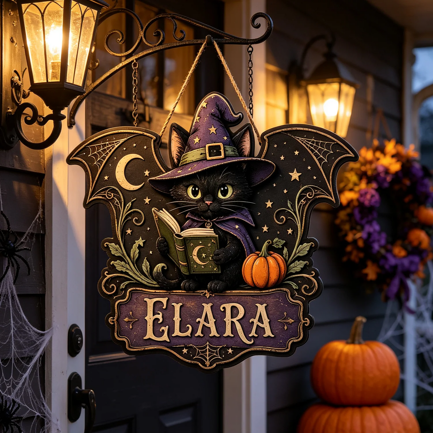 Personalized Witch Cat Halloween Wooden Door Hanger Sign