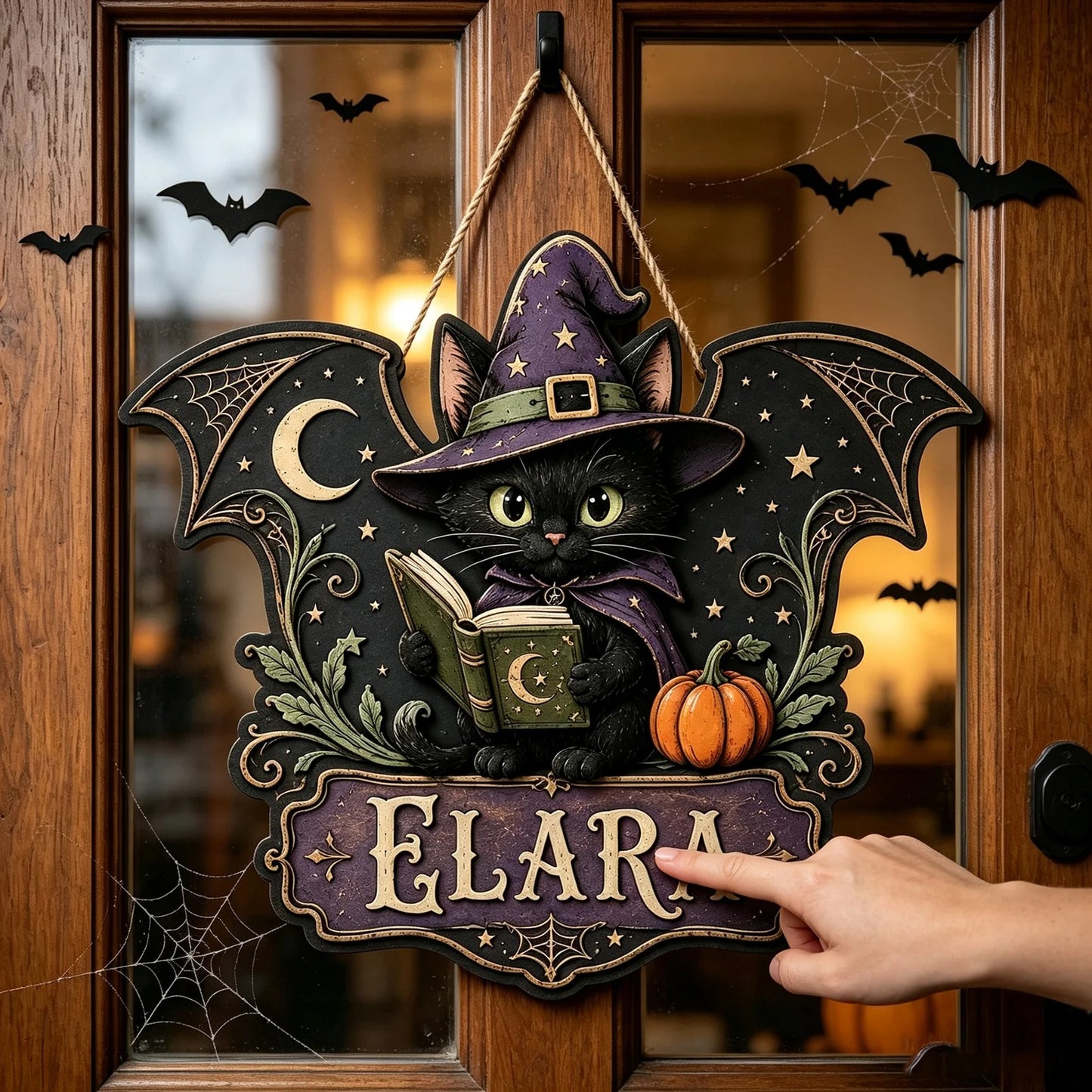 Personalized Witch Cat Halloween Wooden Door Hanger Sign