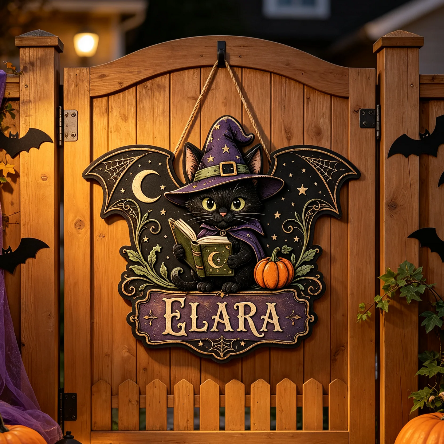Personalized Witch Cat Halloween Wooden Door Hanger Sign