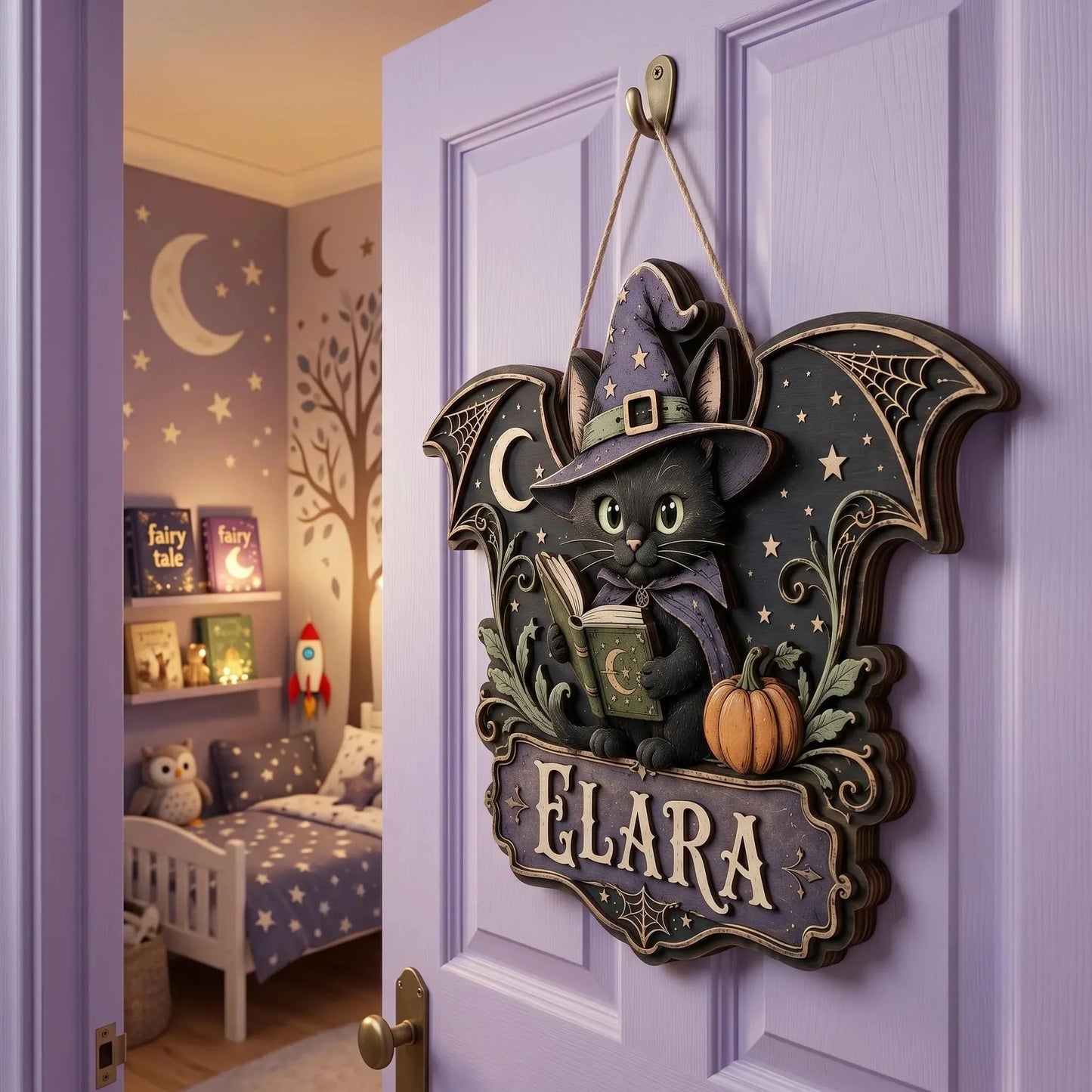 Personalized Witch Cat Halloween Wooden Door Hanger Sign