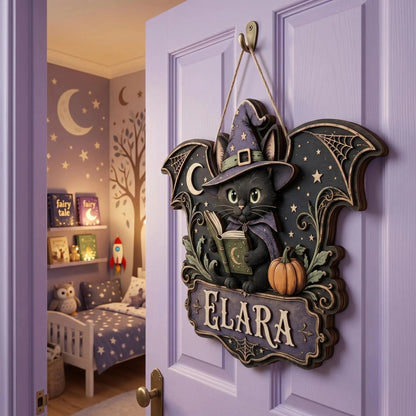 Personalized Witch Cat Halloween Wooden Door Hanger Sign