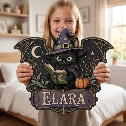 Personalized Witch Cat Halloween Wooden Door Hanger Sign