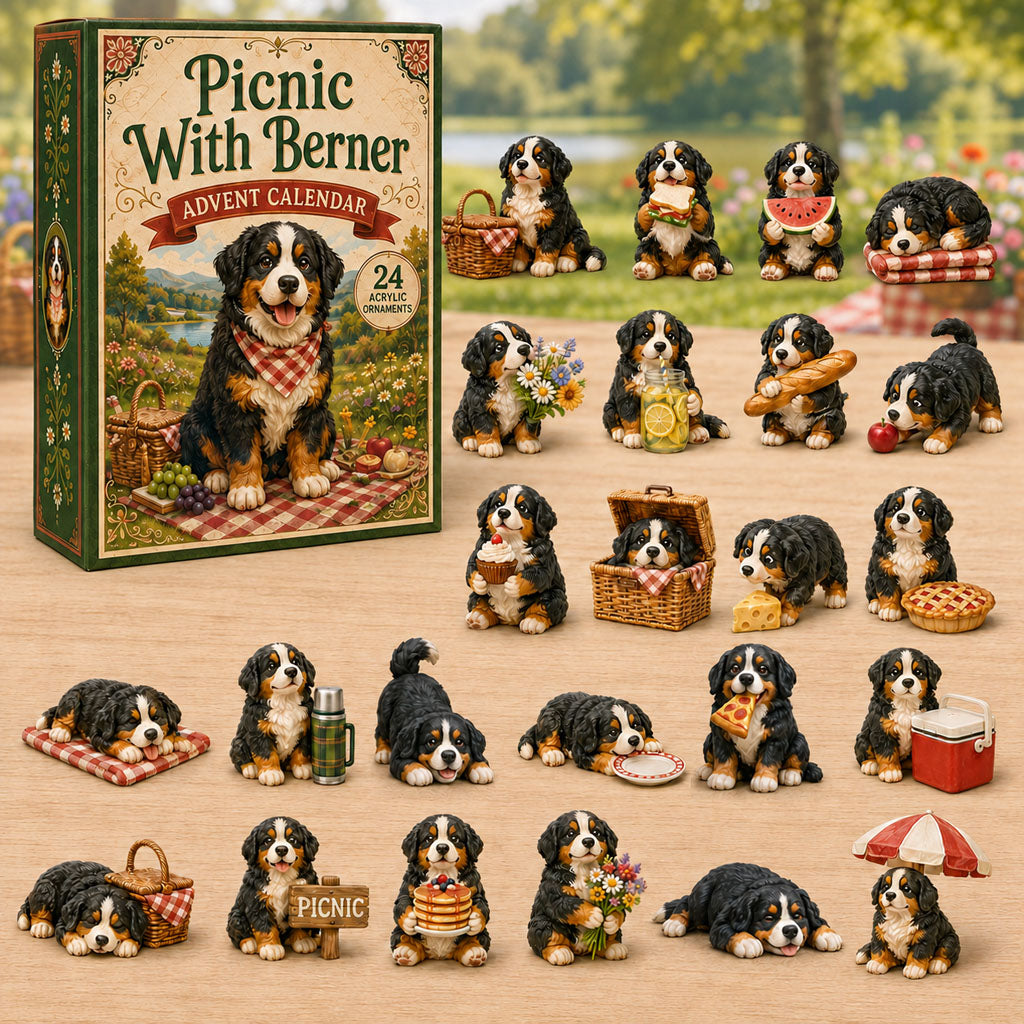CHRISTMAS KICKOFF 40% OFF - Picnic With Berner Advent Calendar 2026 - 24-Day Festive Countdown, Acrylic Charms Blind Box - Gift For Bernese Mountain Dog Lovers AC0NT143