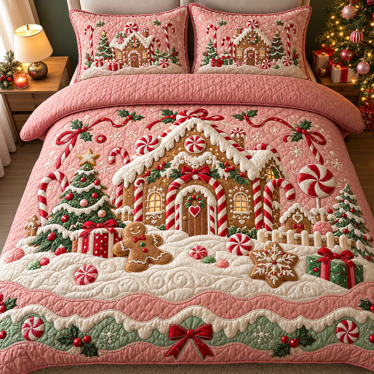 Pink Christmas Gingerbread House Bedding Set Holiday Quilted Comforter