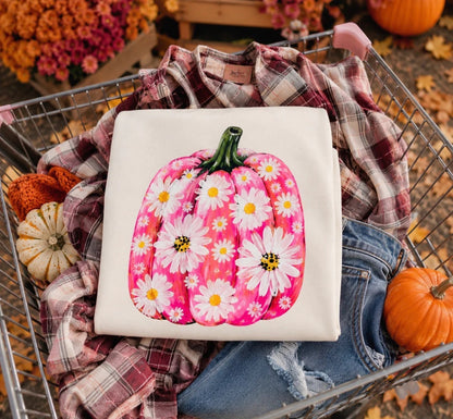 Pink Daisy Floral Pumpkin Cozy Autumn Halloween Graphic T-Shirt