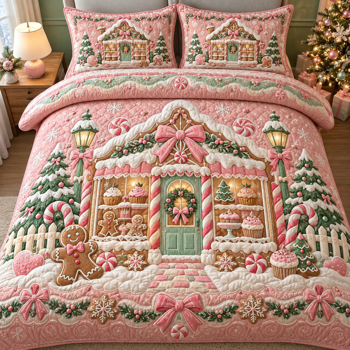 Pink Gingerbread House Christmas Bedding Set Cute Quilt Cover
