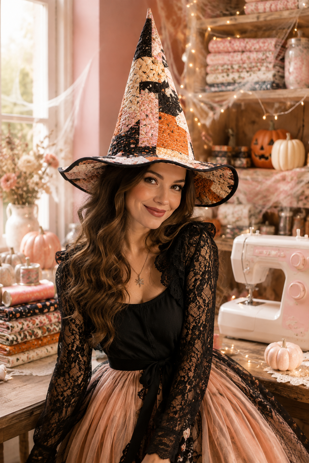 Pink & Black Star Patchwork Halloween Quilt Witch Hat