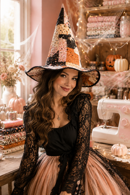 Pink & Black Star Patchwork Halloween Quilt Witch Hat