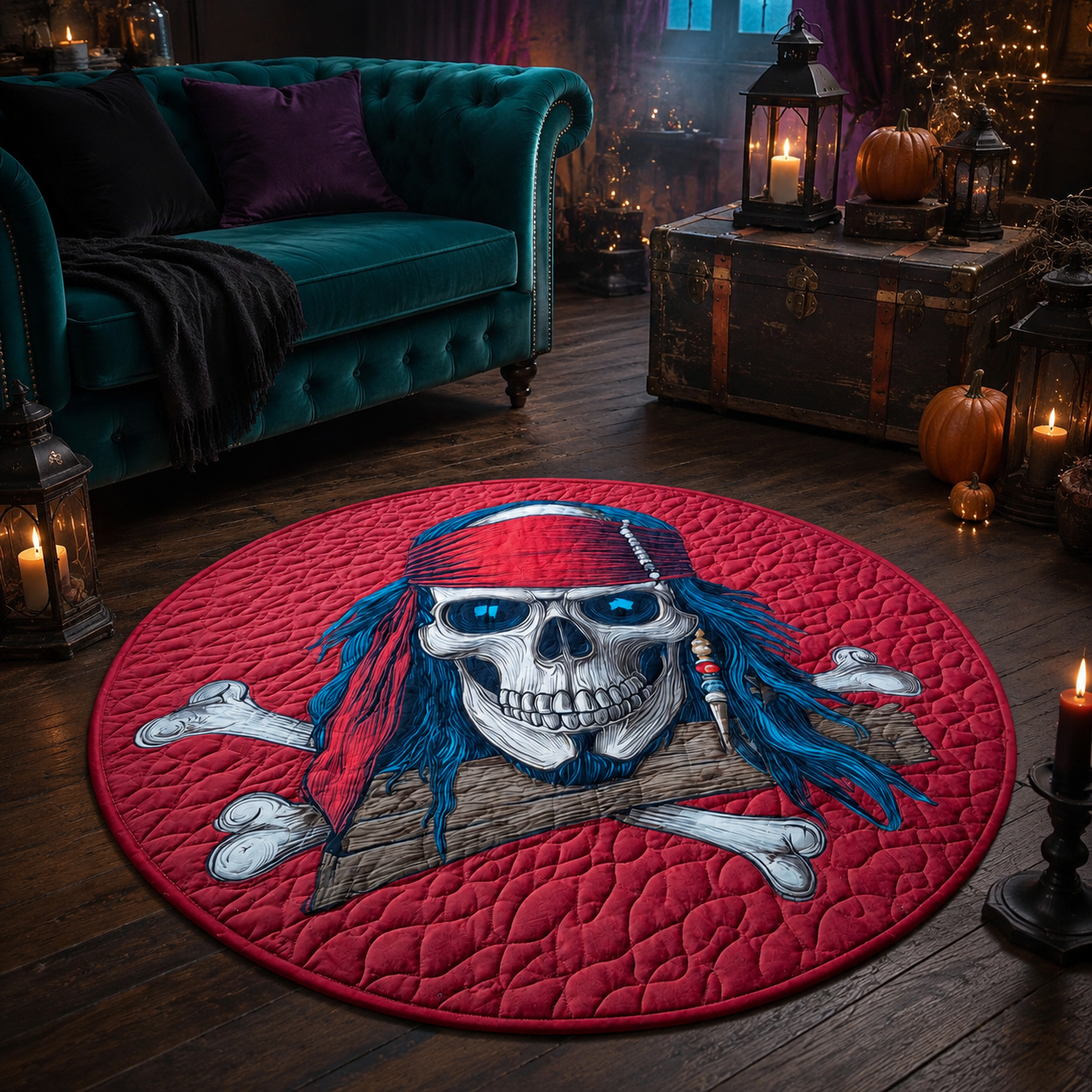 Pirate Skull with Red Bandana and Crossbones Halloween Quilt Round Rug