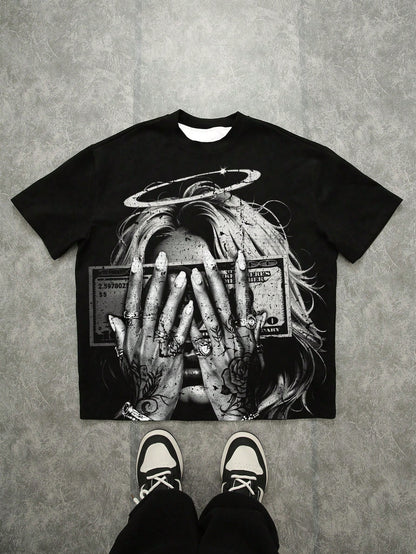 Plus Money Angel Face Graphic Oversized Tee