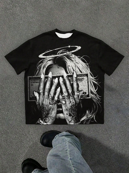 Plus Money Angel Face Graphic Oversized Tee