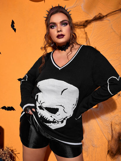 Plus Size Halloween Skull & Heart Sweater