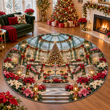 Poinsettia Glass Conservatory Christmas Quilted Round Rug Grand Floor Mat