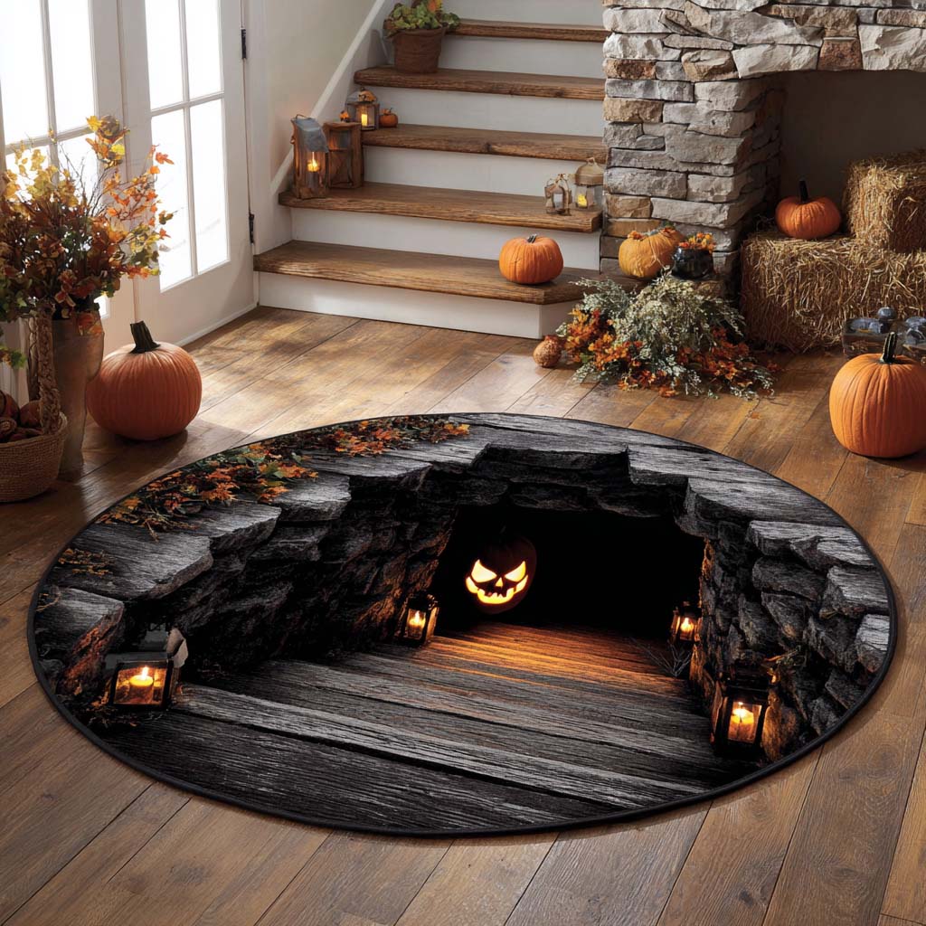 Pumpkin Cave Halloween Quilt Round Rug