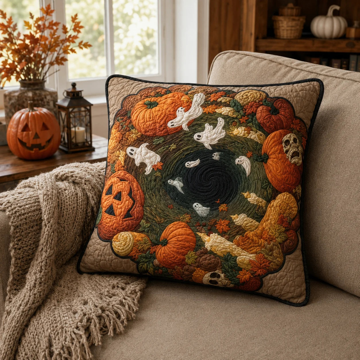 Pumpkin Ghost Halloween Quilted Pillow Case