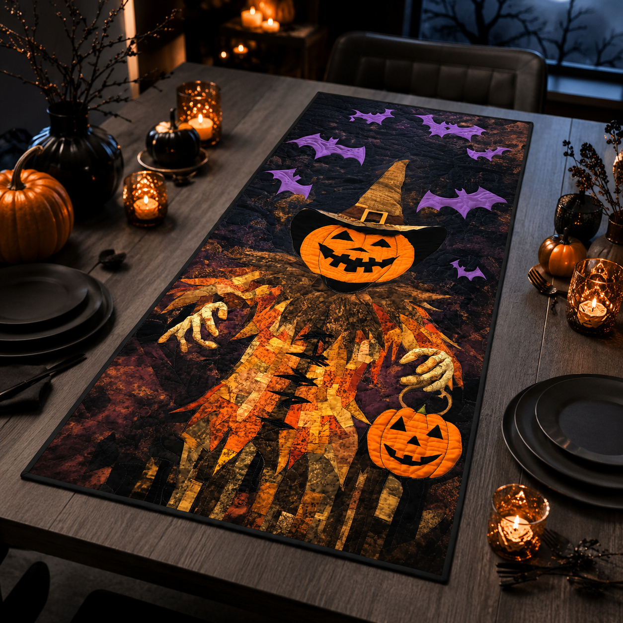 Pumpkin Scarecrow & Purple Bats Halloween Quilted Table Runner