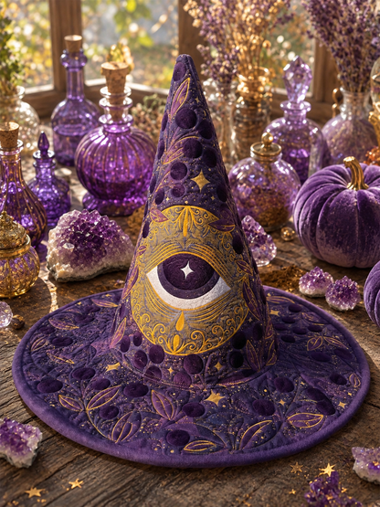 Purple Celestial All Seeing Eye & Botanical Halloween Quilt Witch Hat