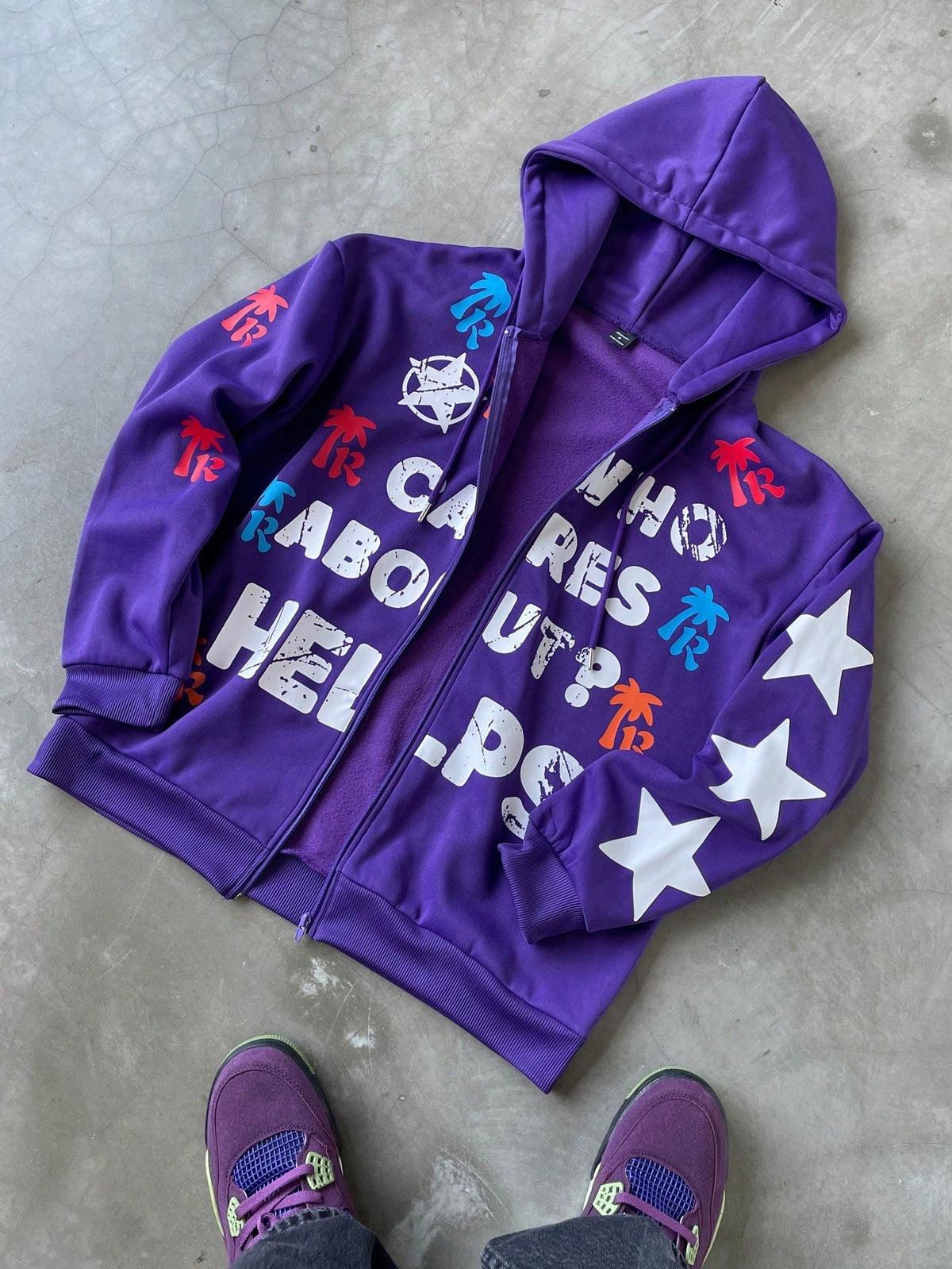 Purple Graphic Zip Up Streetwear Hoodie