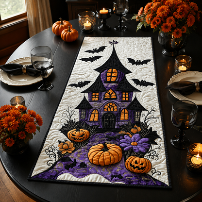 Purple Haunted House & Pumpkins Halloween Quilted Table Runner