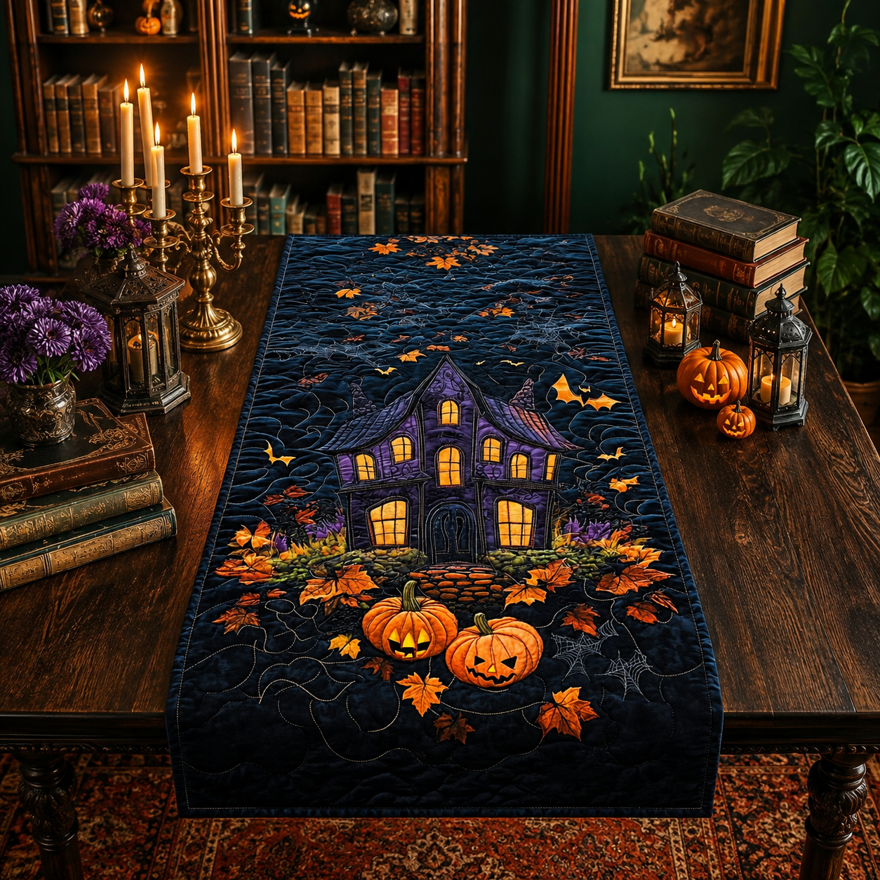 Purple Haunted House and Pumpkins Halloween Quilted Table Runner