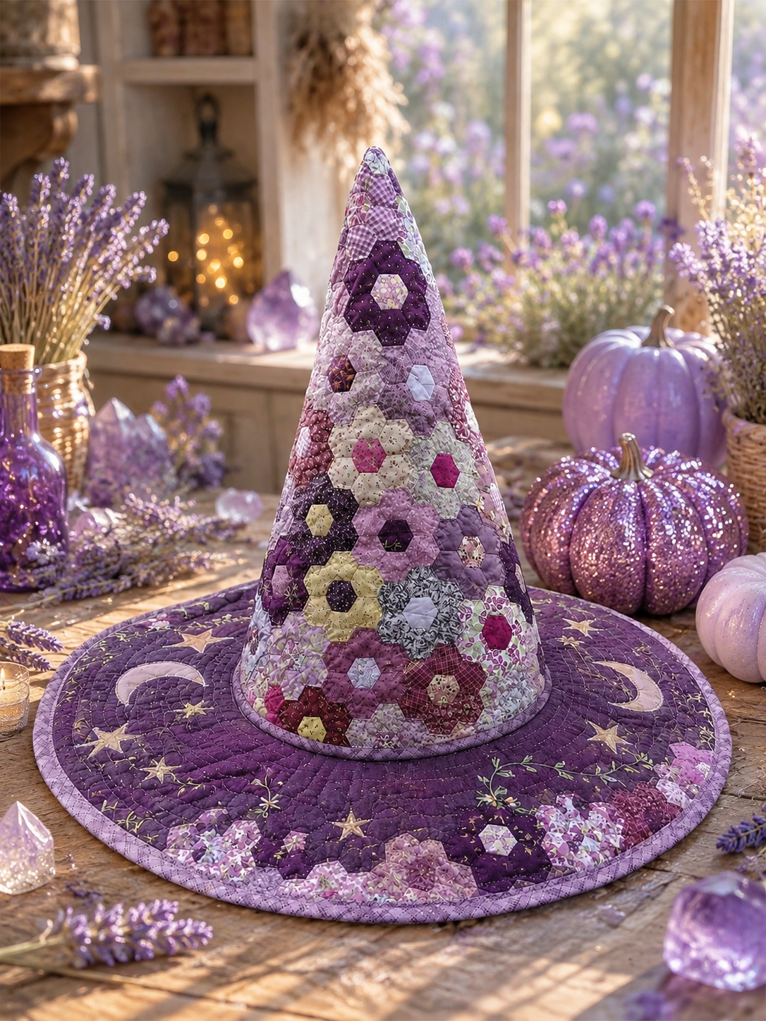 Purple Hexagon Floral Patchwork Celestial Halloween Quilt Witch Hat