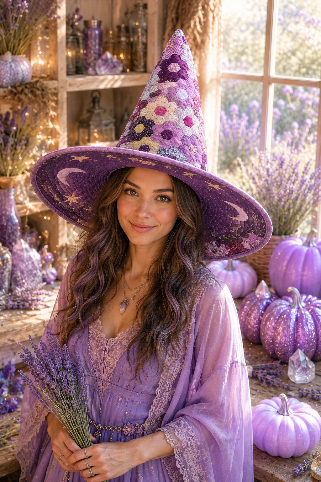 Purple Hexagon Floral Patchwork Celestial Halloween Quilt Witch Hat