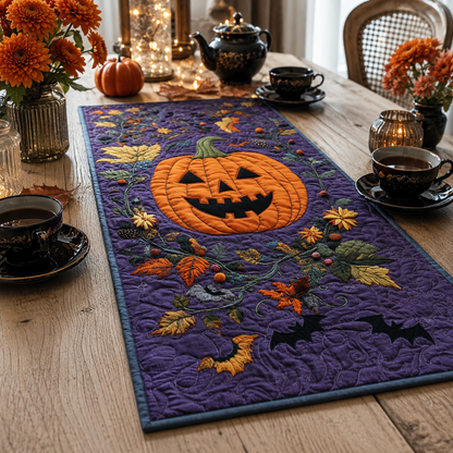 Purple Jack O Lantern Pumpkin Halloween Quilted Table Runner