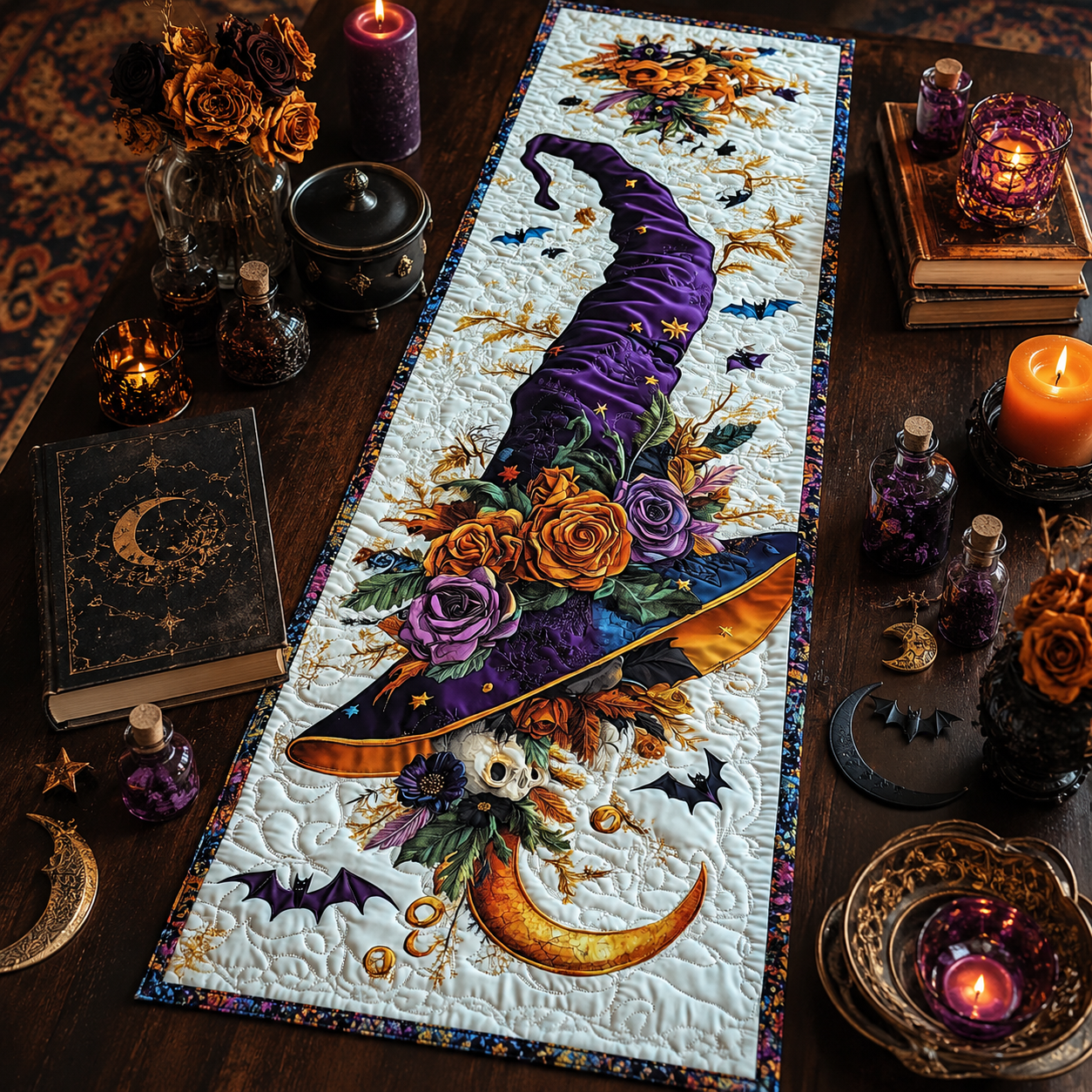 Purple Witch Hat & Floral Moon Halloween Quilted Table Runner