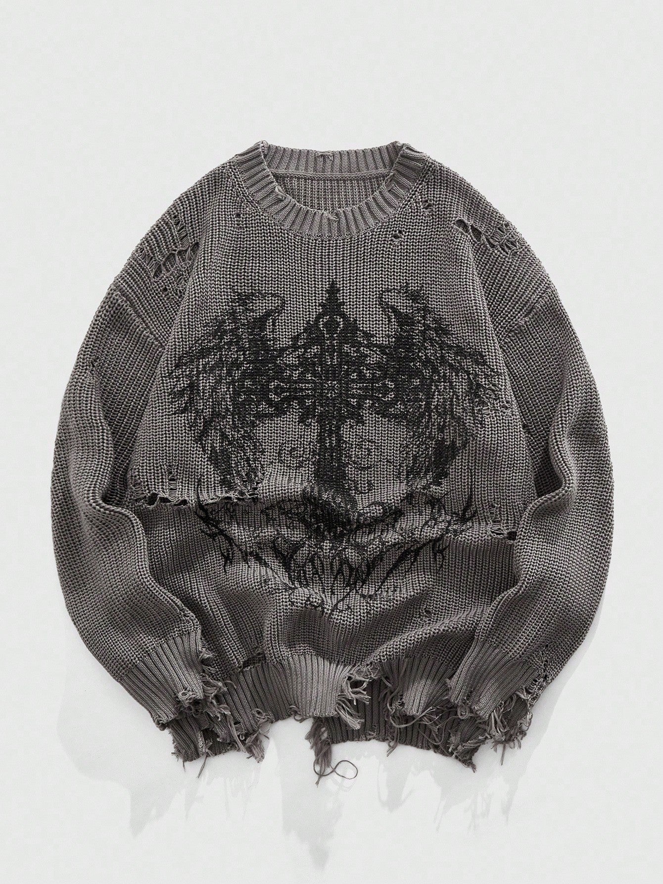 Grunge Punk Men’s Distressed Apocalyptic Print Knit Sweater