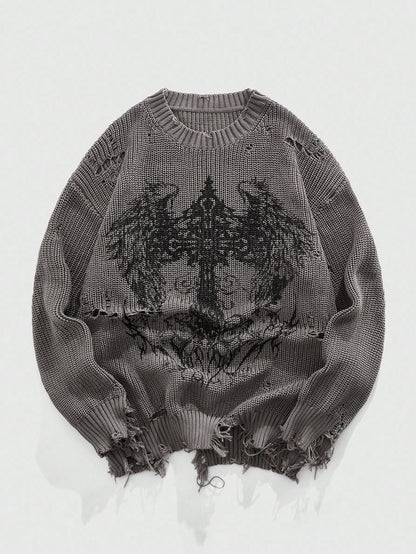 Grunge Punk Men’s Distressed Apocalyptic Print Knit Sweater