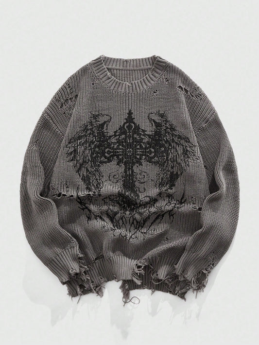 Grunge Punk Men’s Distressed Apocalyptic Print Knit Sweater