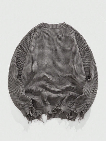 Grunge Punk Men’s Distressed Apocalyptic Print Knit Sweater