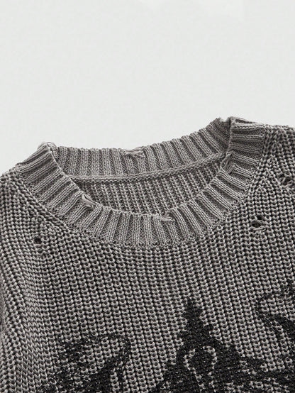 Grunge Punk Men’s Distressed Apocalyptic Print Knit Sweater