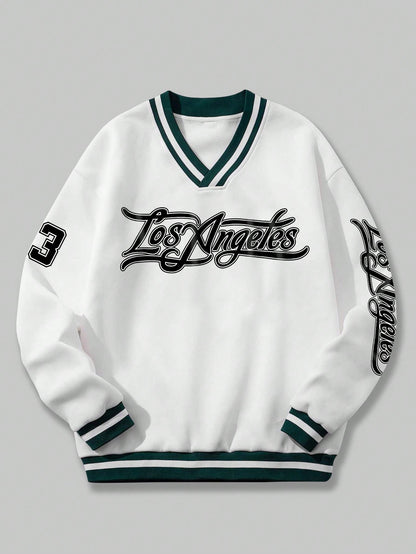 Letter Graphic Striped Trim Basketball Sweatshirt