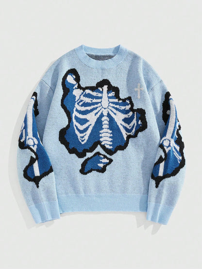 Street Life Men’s Bone Print Crew Neck Casual Pullover Sweater for Fall & Winter