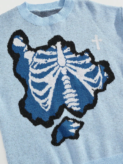 Street Life Men’s Bone Print Crew Neck Casual Pullover Sweater for Fall & Winter