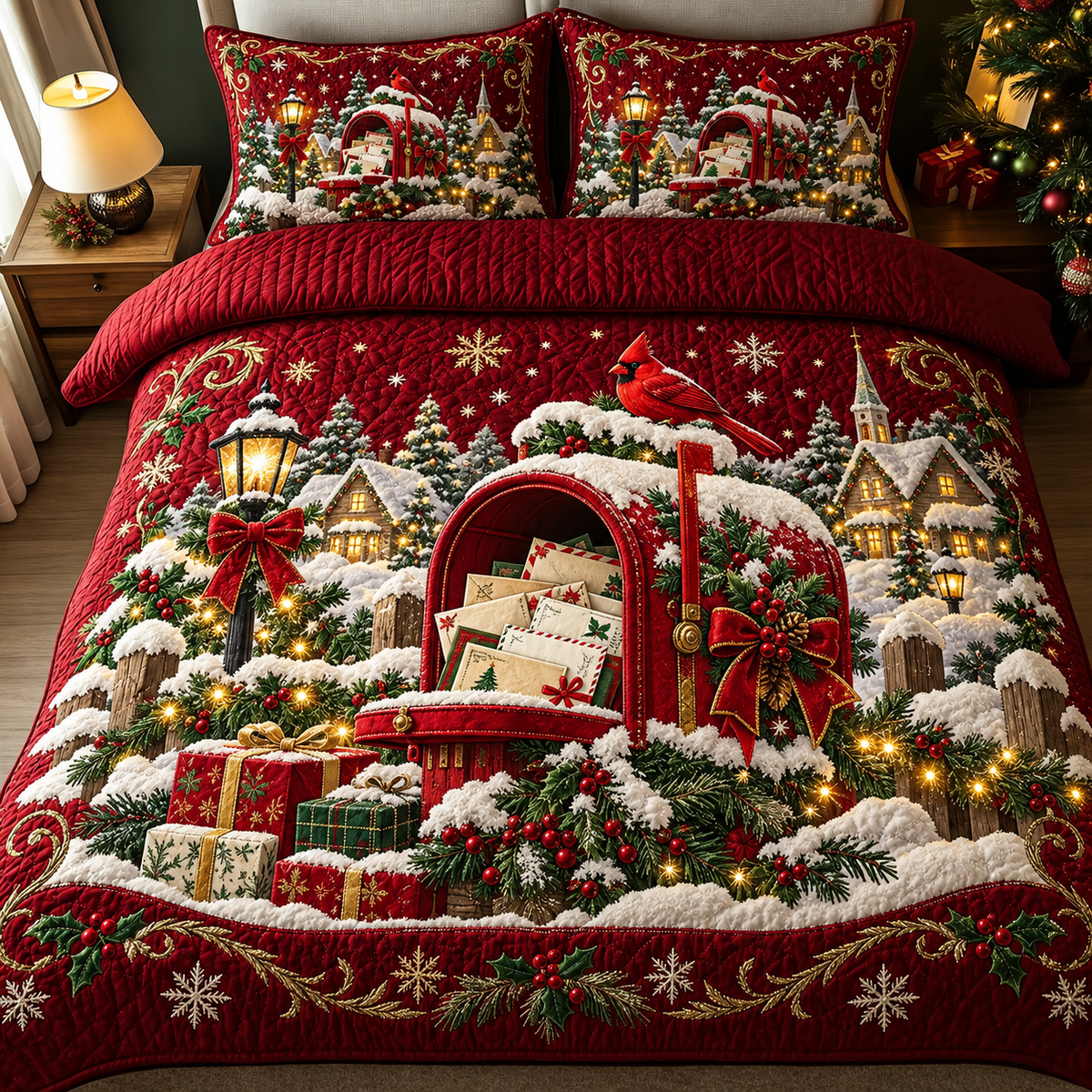 Red Christmas Bedding Set Cardinal Mailbox Quilt Cover Decor