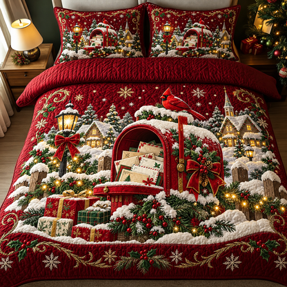 Red Christmas Bedding Set Cardinal Mailbox Quilt Cover Decor