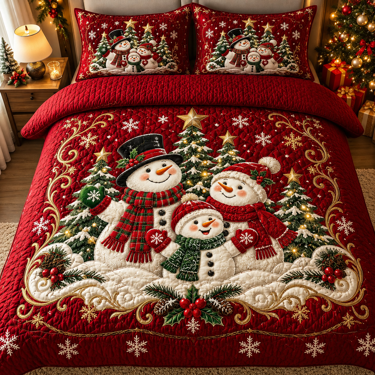 Red Christmas Bedding Set Cute Snowman Quilt Cover Decor
