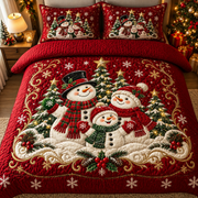Red Christmas Bedding Set Cute Snowman Quilt Cover Decor