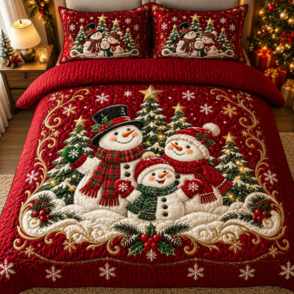 Red Christmas Bedding Set Cute Snowman Quilt Cover Decor