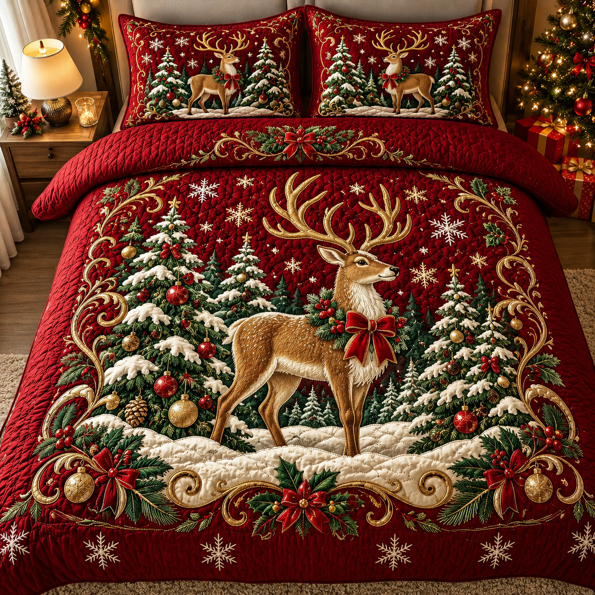Red Christmas Bedding Set Reindeer Forest Quilt Cover Decor
