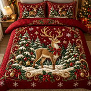 Red Christmas Bedding Set Reindeer Forest Quilt Cover Decor