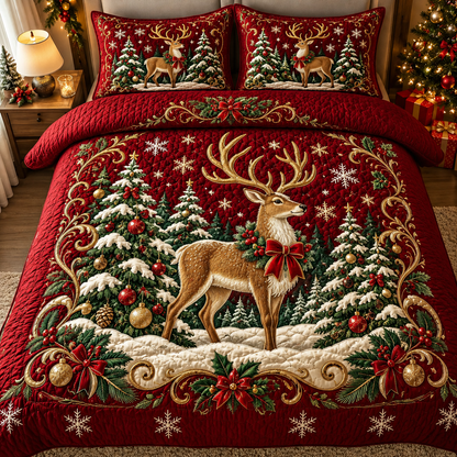 Red Christmas Bedding Set Reindeer Forest Quilt Cover Decor
