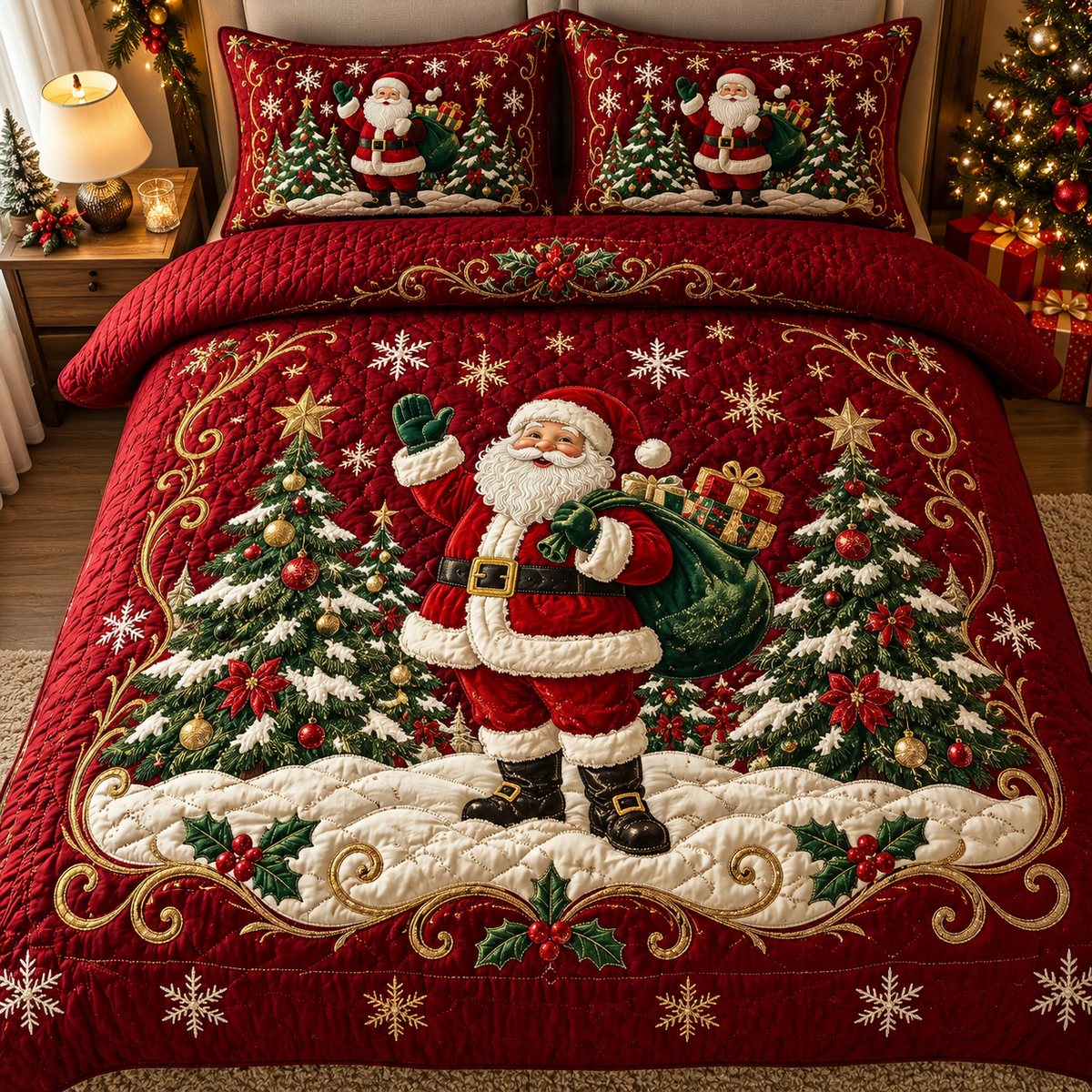Red Christmas Bedding Set Santa Claus Quilt Cover Decor