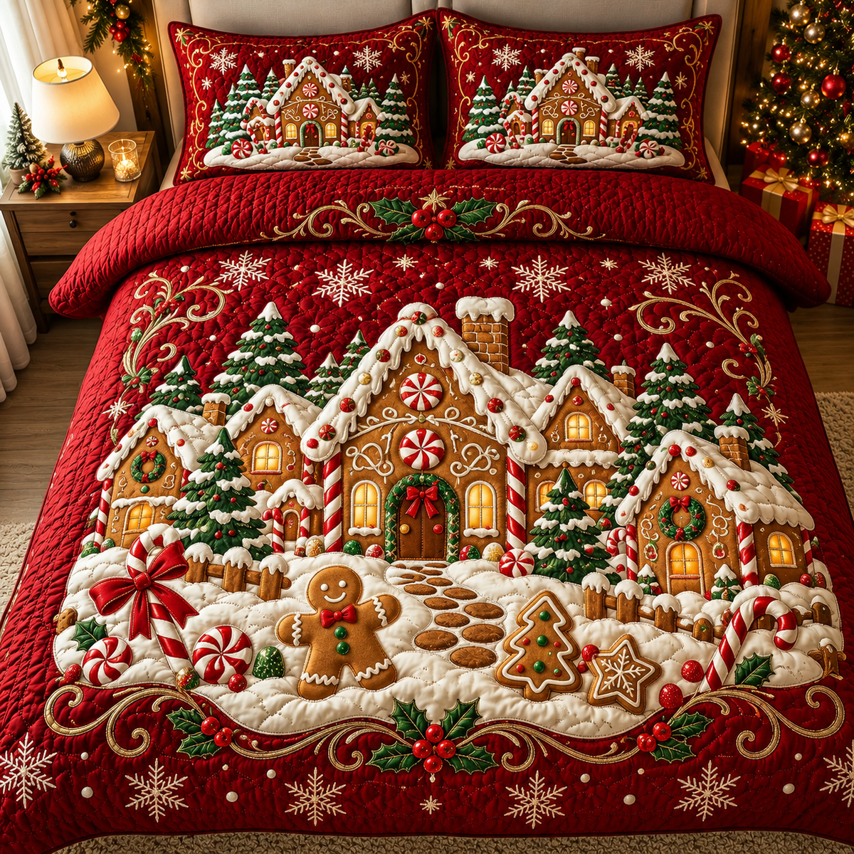 Red Gingerbread Village Christmas Bedding Set Holiday Quilt Cover