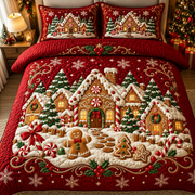 Red Gingerbread Village Christmas Bedding Set Holiday Quilt Cover