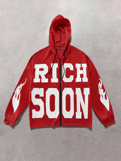 Red Rich Soon Flame Sleeve Full Zip Hoodie